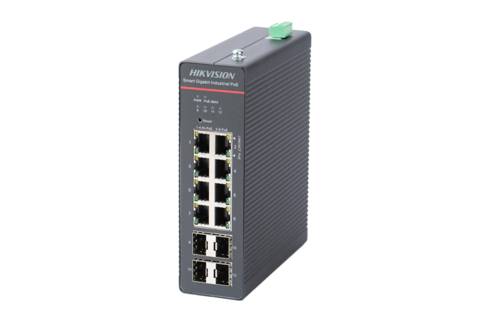 Industrieller PoE-Switch von Hikvision mit mehreren Ethernet-Ports an der Vorderseite.