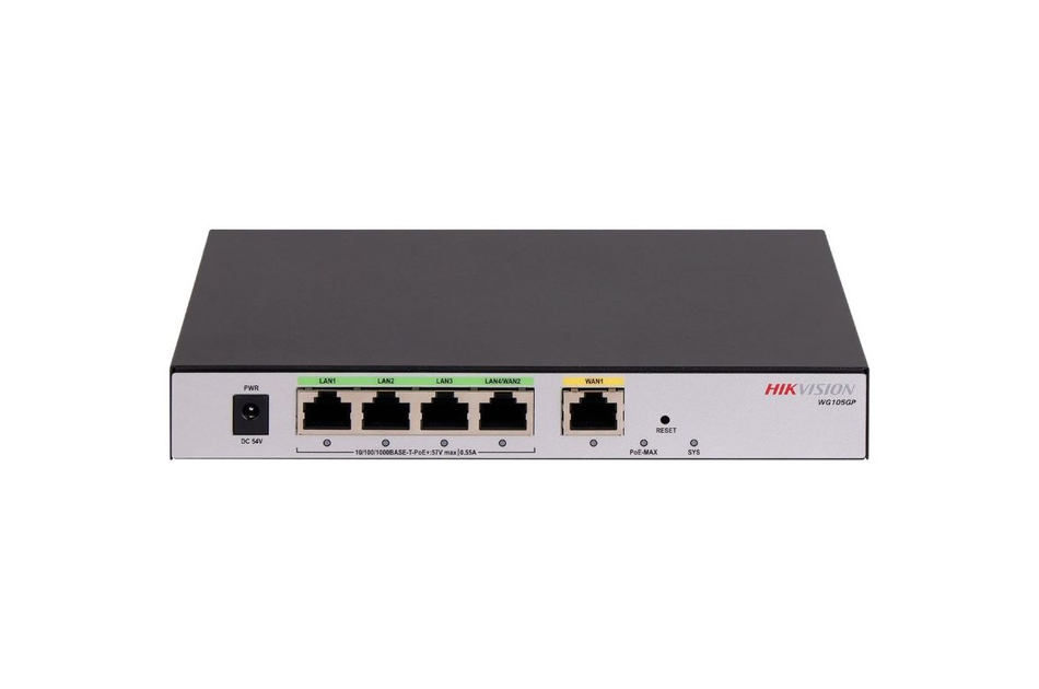 Netzwerk-Switch von Hikvision mit fünf Ethernet-Ports und LED-Anzeigen auf der Vorderseite.