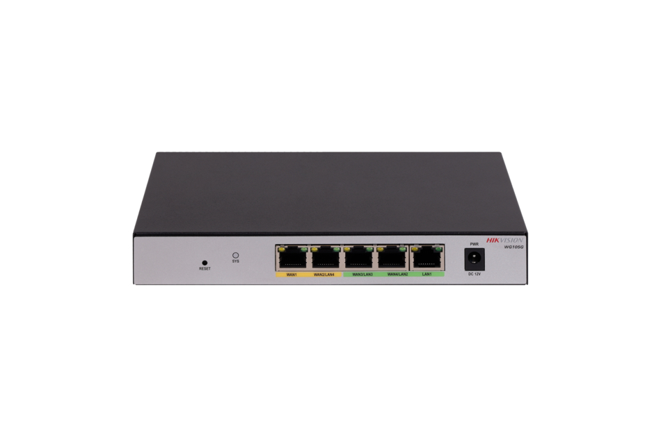 Netzwerkswitch mit fünf farblich gekennzeichneten Ethernet-Ports und einem Netzschalter auf einer weißen Oberfläche.