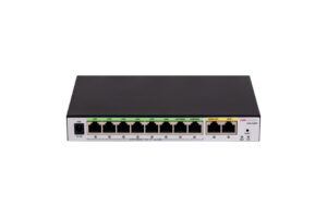 Ein Netzwerk-Switch mit acht Ethernet-Ports und verschiedenen Statusanzeigen auf der Vorderseite.