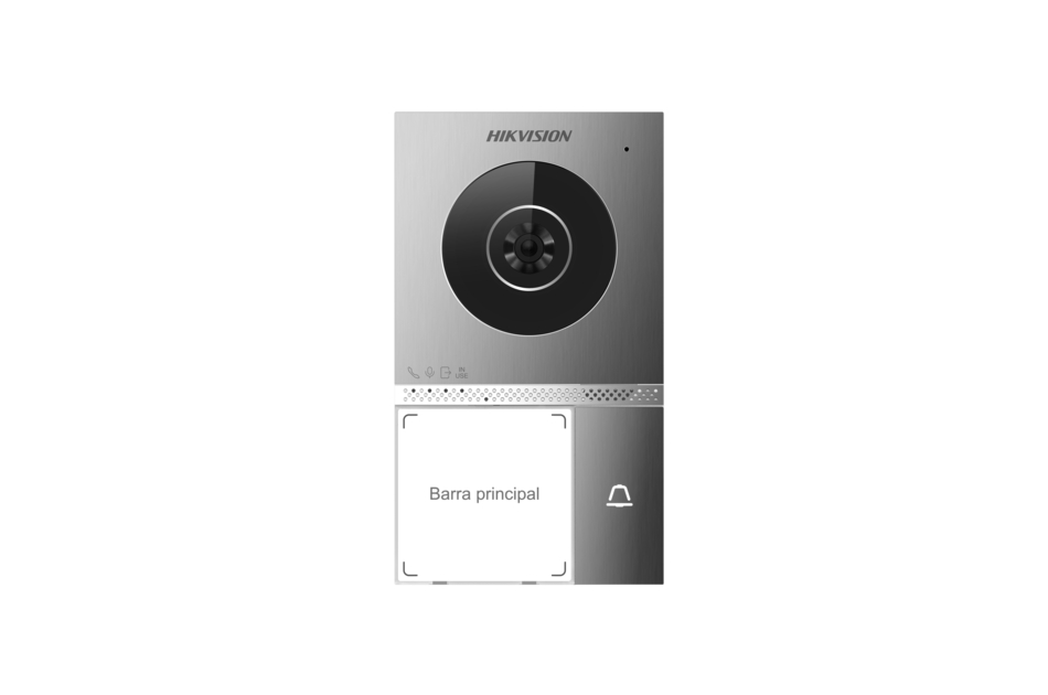 Kompaktes Türsprechanlagensystem mit Kamera und Taste, sichtbar ist das Logo "HIKVISION" und der Text "Barra principal".