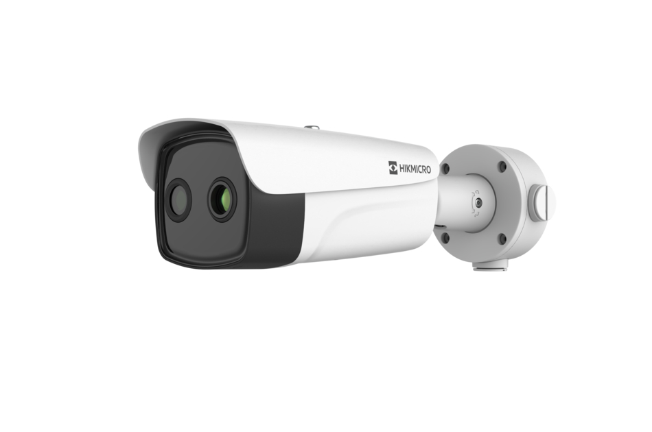 Weiße Überwachungskamera mit schwarzem Frontteil, montiert an einer Halterung.