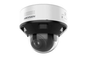 Überwachungskamera von Hikvision mit einer weißen Kuppel und schwarzem Sockel.
