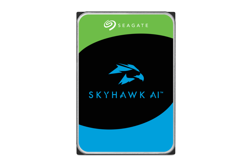 Festplatte mit Seagate-Logo und SkyHawk AI-Design, schwarzer Hintergrund mit grünem und blauem Rand.