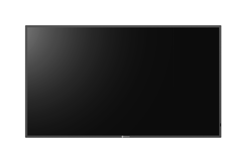 Ein schwarzer, flacher Bildschirm mit einem dünnen Rahmen.