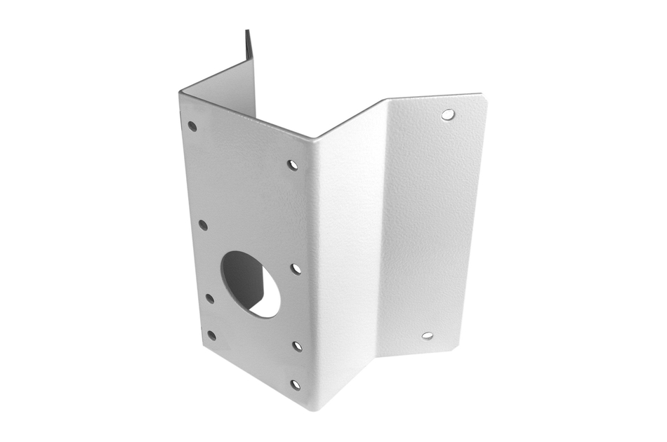 Metallwinkelhalterung mit mehreren Befestigungslöchern und einer zentralen Öffnung, vor einem weißen Hintergrund.
