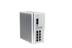 Netzwerkswitch mit acht Ethernet-Ports und zwei Glasfaseranschlüssen, Markenname "comnet" sichtbar.