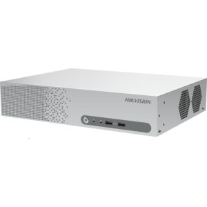 Silberner Hikvision-Digitalrekorder mit Lüftungslöchern und mehreren Anschlüssen an der Vorderseite.