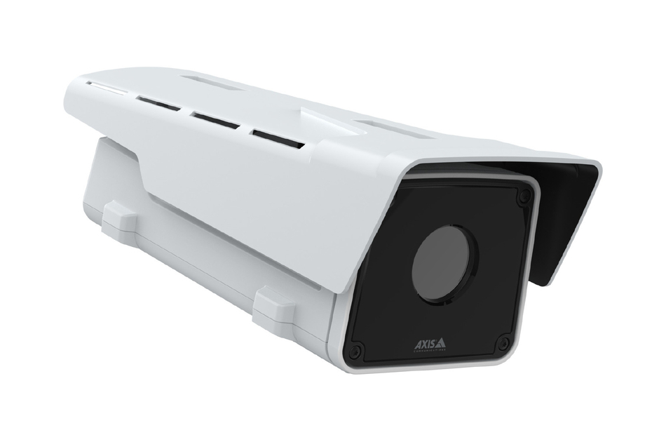 Weiße Überwachungskamera mit rechteckigem Gehäuse und schwarzem Objektivbereich.