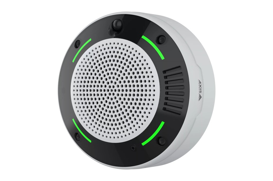 Runder Lautsprecher mit schwarzem Rand und grünen Leuchtanzeigen auf weißem Gehäuse.