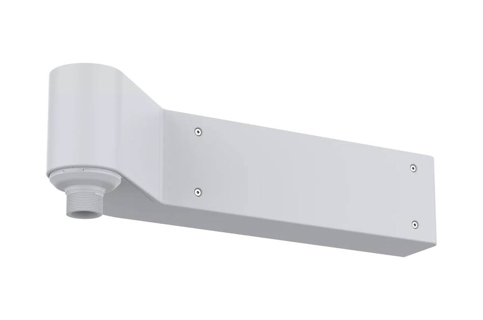 Weiße Wandhalterung aus Metall mit mehreren Schrauben zur Befestigung.