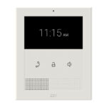 Ein weißes Wand-Intercom mit Uhranzeige "11:15 AM" und Symbolen für Telefon, Schloss und Lautstärke.