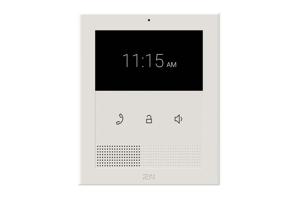 Ein weißes Wand-Intercom mit Uhranzeige "11:15 AM" und Symbolen für Telefon, Schloss und Lautstärke.