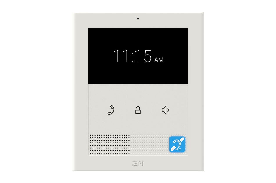 Weißes Wand-Display mit Uhranzeige, Symbolen für Anruf, Schloss, Lautstärke und ein Symbol für Hörgeschädigte.
