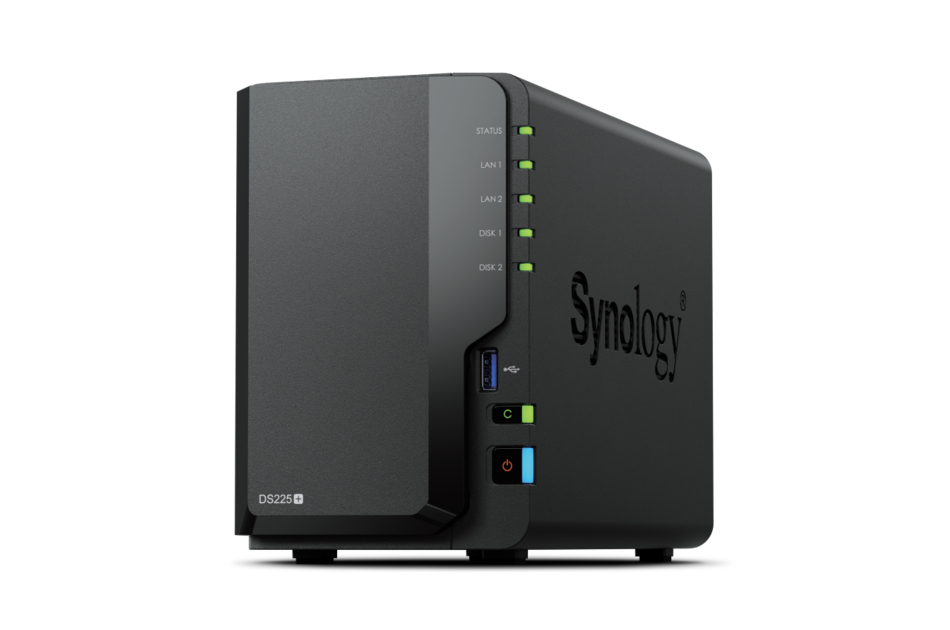 Schwarzes Synology NAS-Modell DS223 mit leuchtenden LED-Anzeigen für Status, LAN und Festplatten.