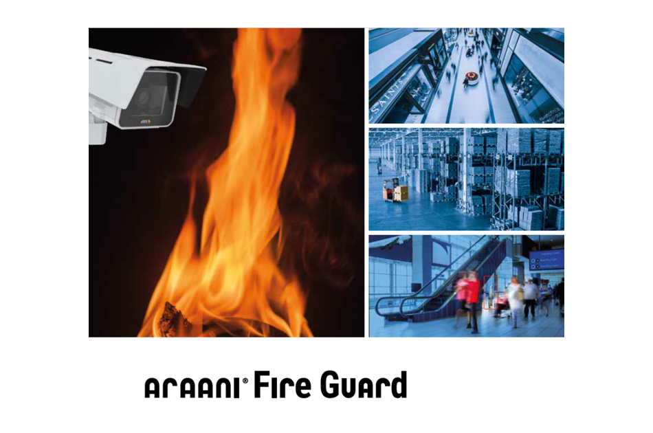 Kamera vor einer Flamme und vier Bilder mit Überwachungsszenen, darunter Einkaufszentrum und Rolltreppen; Text: Araani Fire Guard.