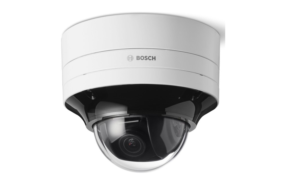 Überwachungskamera von Bosch mit halbrunder, klarer Kuppel auf weißem Gehäuse.