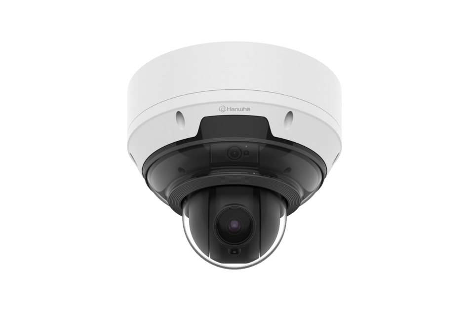 Weiße Sicherheitskamera mit abgerundeter Kuppel und schwarzem Objektiv im Zentrum.