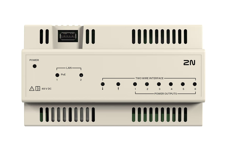 Netzwerkgerät mit LAN-Anschlüssen und LED-Anzeigen für Strom und Schnittstellen, 48 V Gleichstrom, Marke 2N.