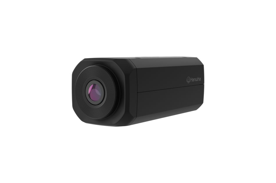 Schwarze, rechteckige Kamera mit sichtbarem Objektiv und Markenlogo auf der Seite.