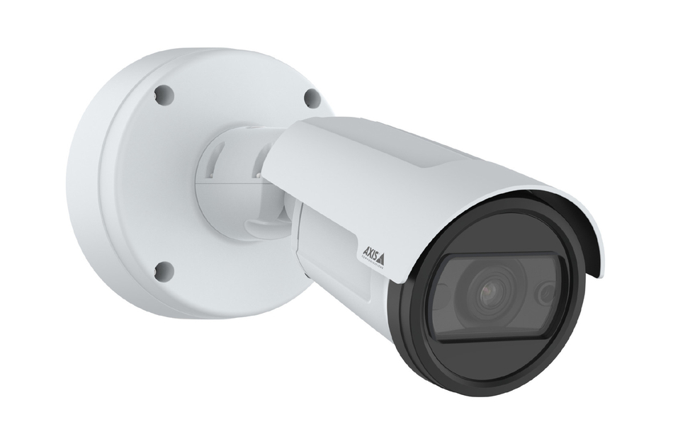 Eine weiße Sicherheitskamera mit zylindrischem Gehäuse, an einer Wandhalterung montiert.
