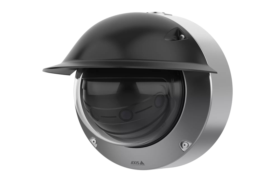 Überwachungskamera mit schwarzem Gehäuse und Kuppellinse, montiert an einer silbernen Wandhalterung.