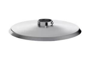 Ein silberner Metallschirm mit kreisförmigem Design und zentralem Befestigungsring.