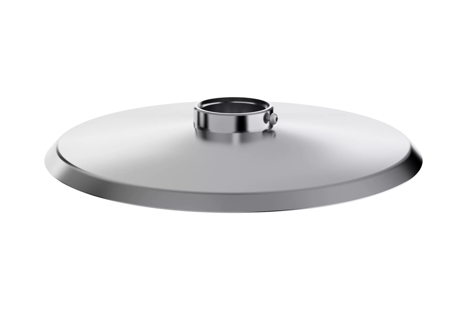 Ein silberner Metallschirm mit kreisförmigem Design und zentralem Befestigungsring.