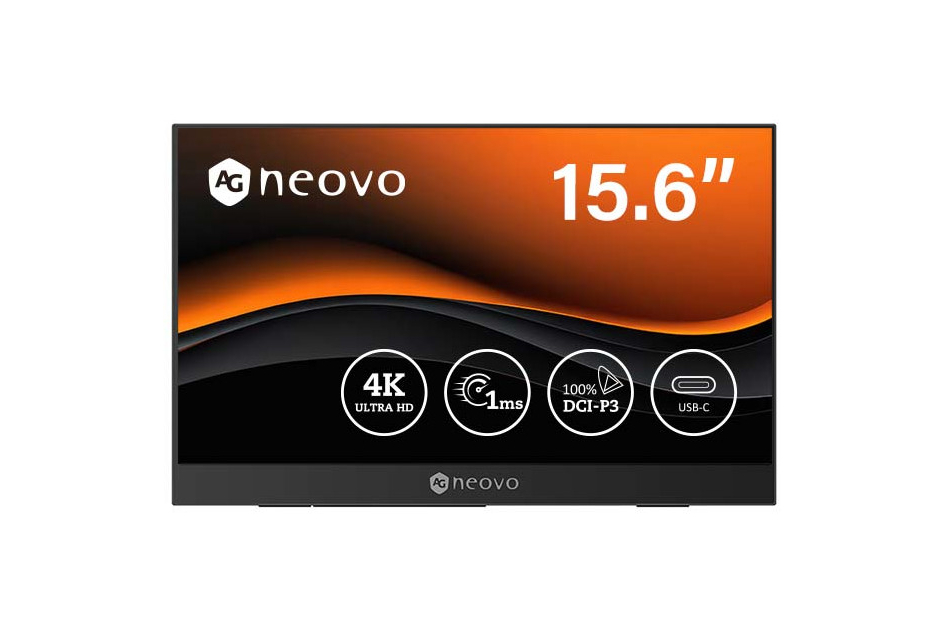 Neovo-Monitor mit 15,6 Zoll, 4K Ultra HD, 1 ms Reaktionszeit, 100% DCI-P3, USB-C-Anschluss.
