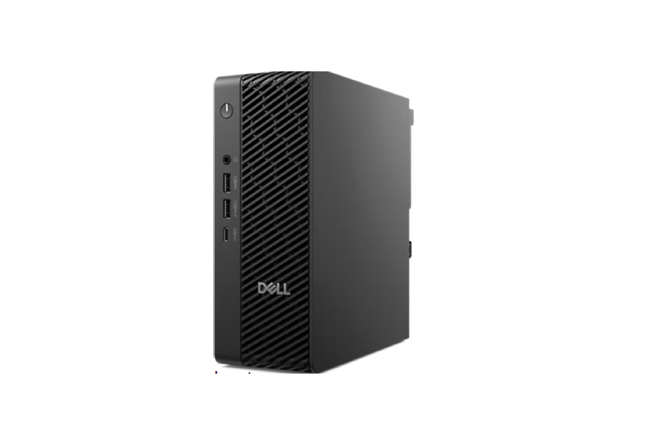 Schwarzer Mini-PC von Dell mit mehreren USB-Anschlüssen an der Vorderseite.