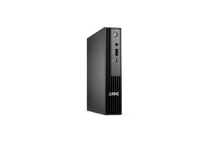 Ein schwarzer Mini-PC mit Lüftungsschlitzen und mehreren Anschlüssen auf der Vorderseite.