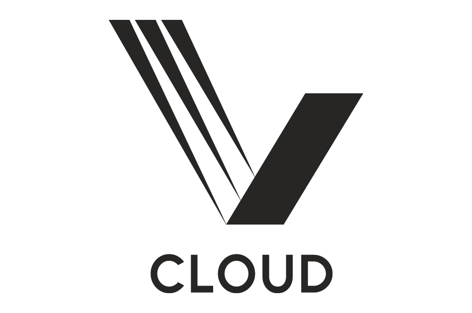Stilisiertes schwarzes "V" mit horizontalen Linien darüber, darunter der Text "CLOUD".