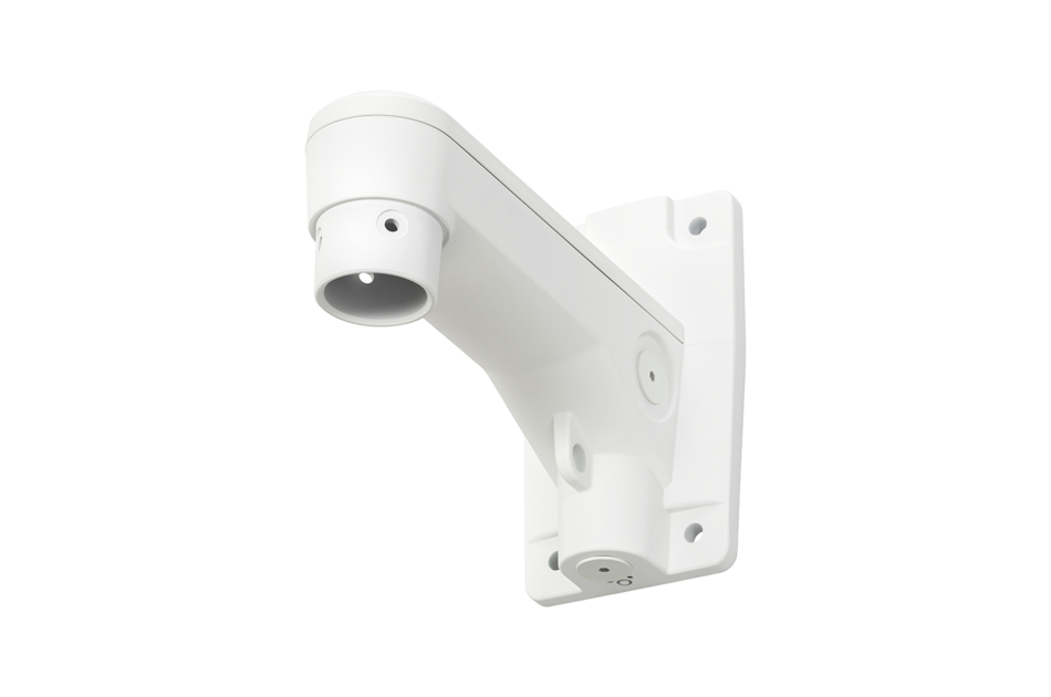 Weiße Wandhalterung für eine Überwachungskamera mit mehreren Schraubenlöchern.