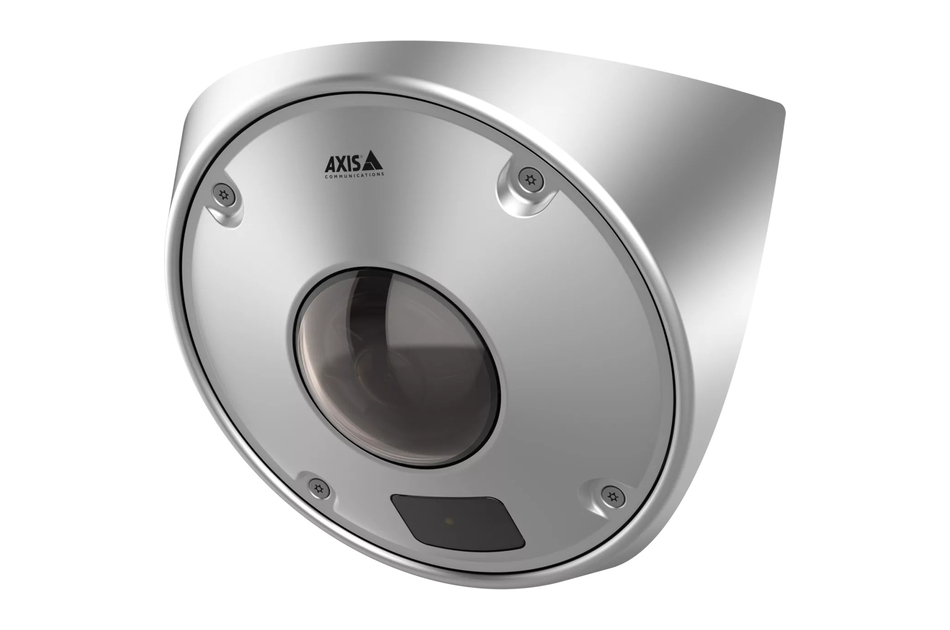 Silberne Überwachungskamera mit einem halbrunden, gewölbten Design und dem Axis-Logo oben.