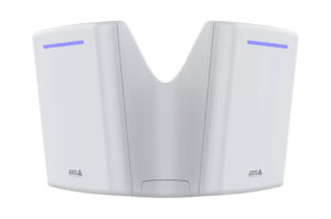 Ein weißer Router mit zwei Flügeln, blauen LED-Leuchten und dem Logo "AXIS" auf den Seiten.
