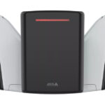 Schwarzes und weißes elektronisches Gerät mit rotem Leuchtstreifen und dem Aufdruck "Axis" unten.