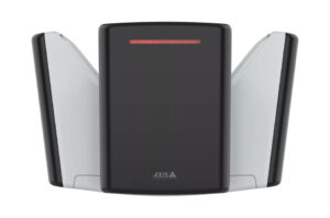 Schwarzes und weißes elektronisches Gerät mit rotem Leuchtstreifen und dem Aufdruck "Axis" unten.