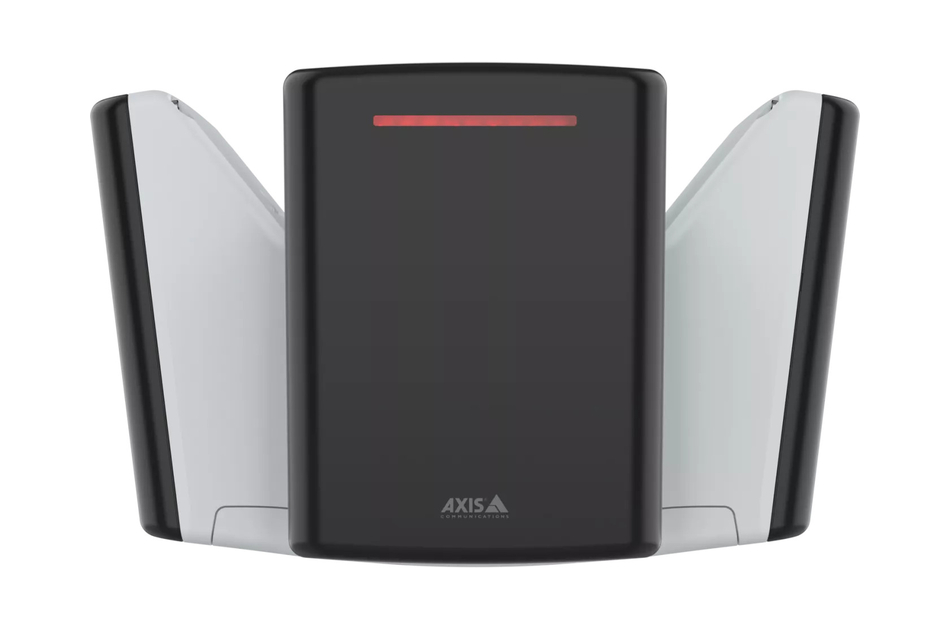 Schwarzes und weißes elektronisches Gerät mit rotem Leuchtstreifen und dem Aufdruck "Axis" unten.