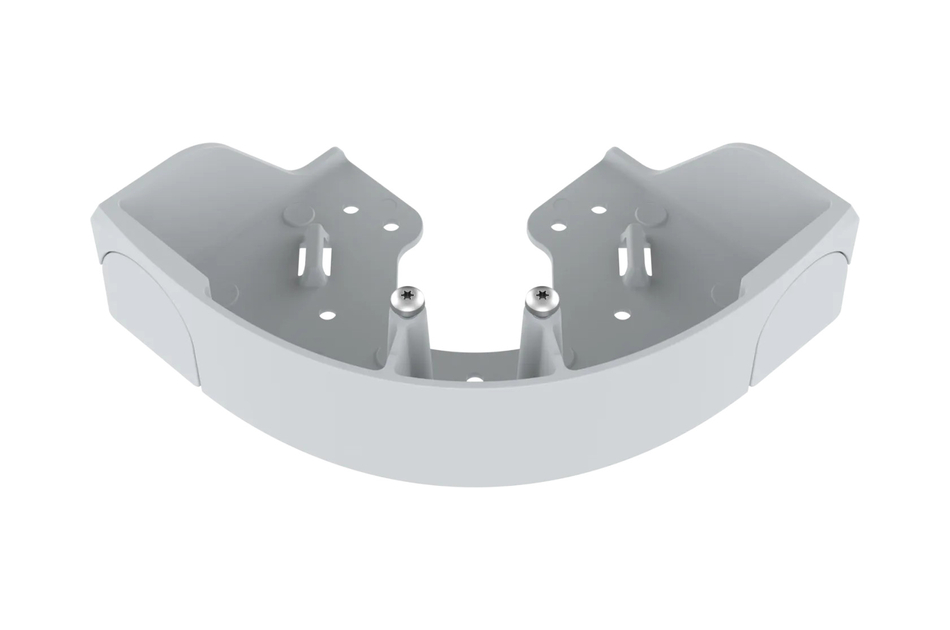 Graues, halbrundes Kunststoffteil mit zwei hervorstehenden Metallstiften und mehreren Befestigungslöchern.