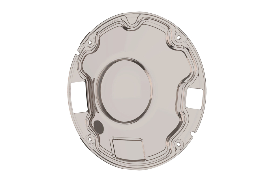 Runde, metallische Scheibe mit erhabenen Kanten und einer zentralen Vertiefung.
