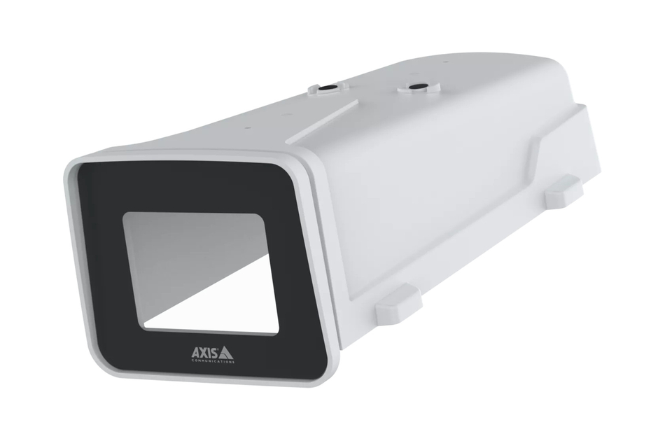 Weißes Gehäuse mit rechteckigem, schwarzem Rahmen und transparentem Sichtfenster; Logo „AXIS“ sichtbar.