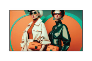 Zwei stilvoll gekleidete Frauen in futuristischer Kleidung und Sonnenbrillen vor einem grafischen Hintergrund, mit orangefarbenen Handtaschen.