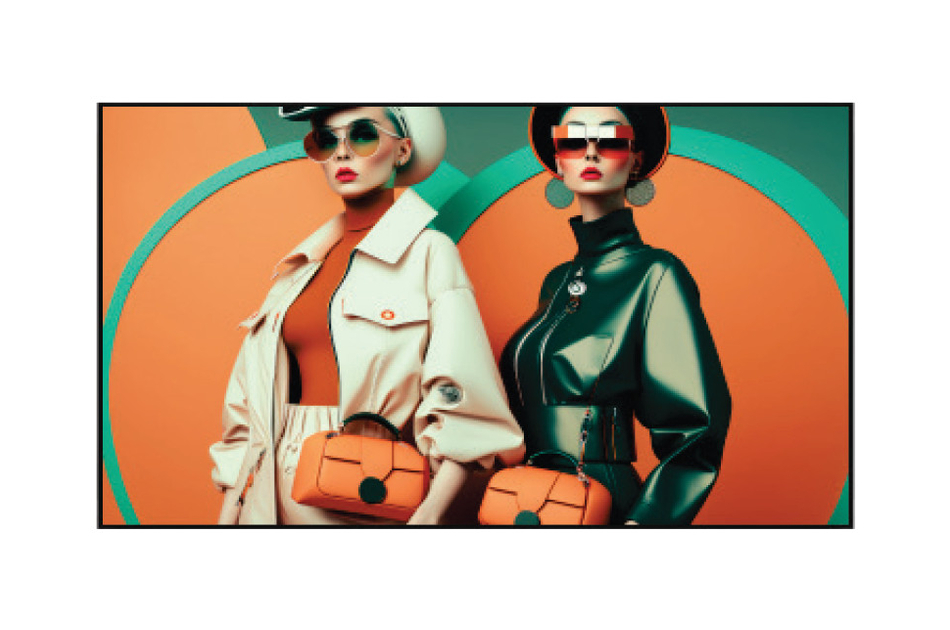 Zwei stilvoll gekleidete Frauen in futuristischer Kleidung und Sonnenbrillen vor einem grafischen Hintergrund, mit orangefarbenen Handtaschen.