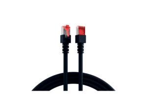 Zwei schwarze Netzwerkkabel mit roten Clips und Steckern auf einem weißen Hintergrund.