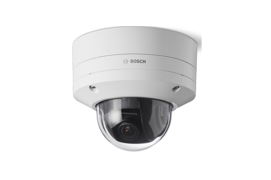 Weiß-graue Überwachungskamera von Bosch mit einer Halbkugel-Abdeckung, die an der Decke montiert ist.