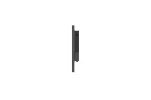Ein schwarzes, flaches elektronisches Gerät in seitlicher Ansicht auf weißem Hintergrund.