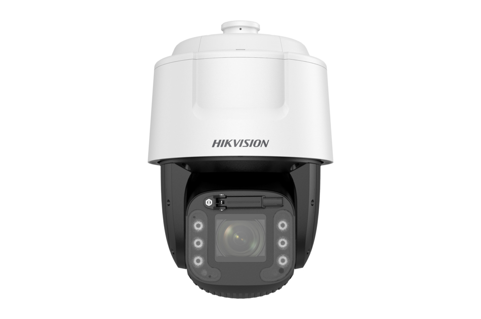 Weiß-schwarze Überwachungskamera der Marke Hikvision mit mehreren Linsen und LED-Lichtern.