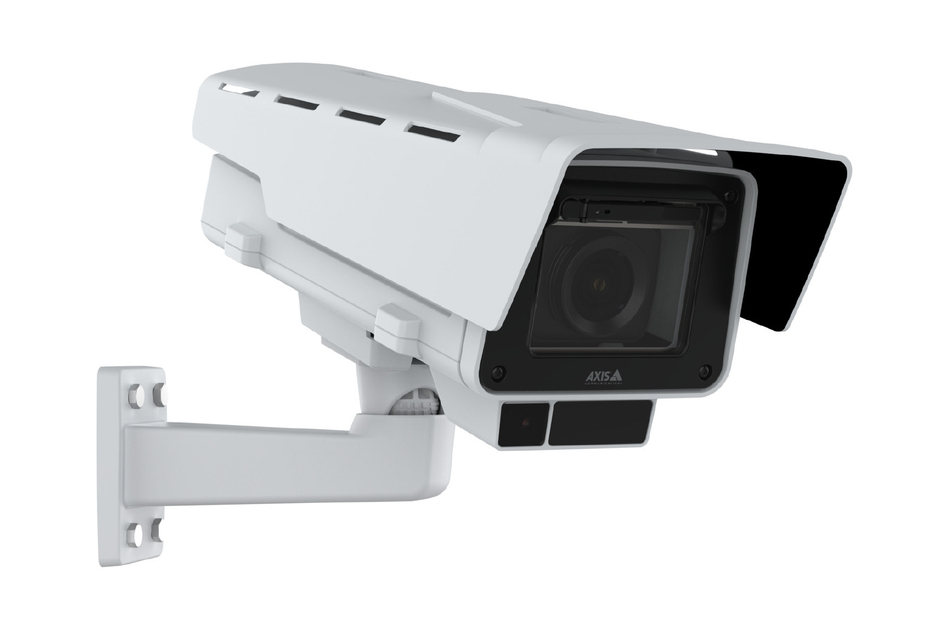 Weiße Überwachungskamera mit Wandhalterung, abgewinkeltes Gehäuse und schwarzes Objektivfenster.