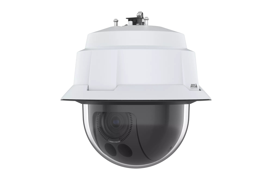 Überwachungskamera mit halbkugelförmigem Gehäuse und sichtbarem Objektiv.