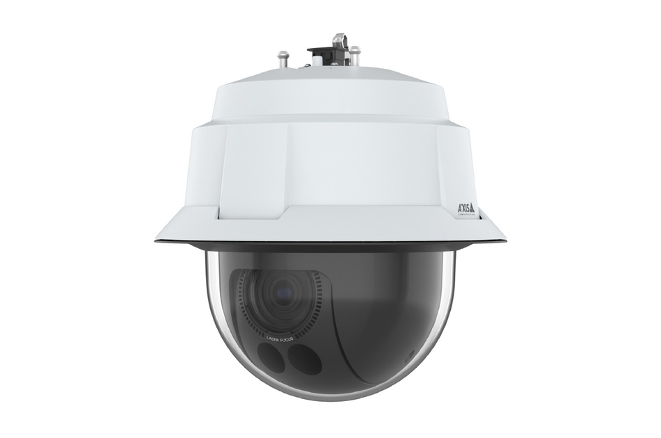 Überwachungskamera mit weißem Gehäuse und durchsichtiger Kuppel, sichtbar sind Kameraobjektiv und Sensoren.